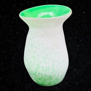 Vintage Art‎ Glass Cased Curved Free Form Green Interior Vase 6”T 4”W